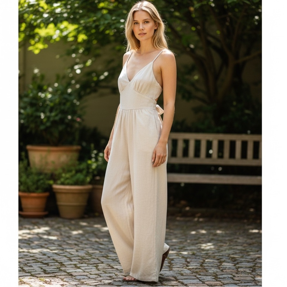 JAPNA Oatmeal Cotton Linen Blend Natural Boho Chic Back Tie Jumpsuit Size S